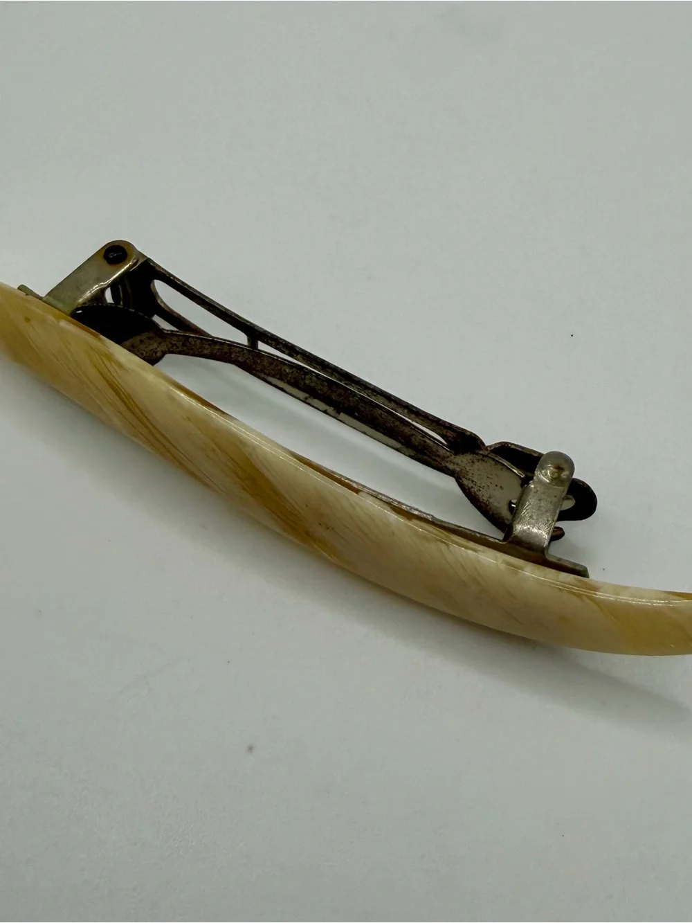 Vtg French Barrette Faux Horn Marble Otomatic Bte SGDG Cream Brown 1950s France